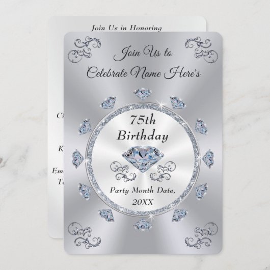 見事なダイヤモンド、75歳の誕生日招待状カード 招待状 (正面/裏面)