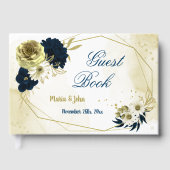 見事なネイビーブルーアイボリー金ゴールド花ジオメトリック ゲストブック (正面)