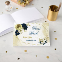 見事なネイビーブルーアイボリー金ゴールド花ジオメトリック