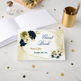 見事なネイビーブルーアイボリー金ゴールド花ジオメトリック ゲストブック