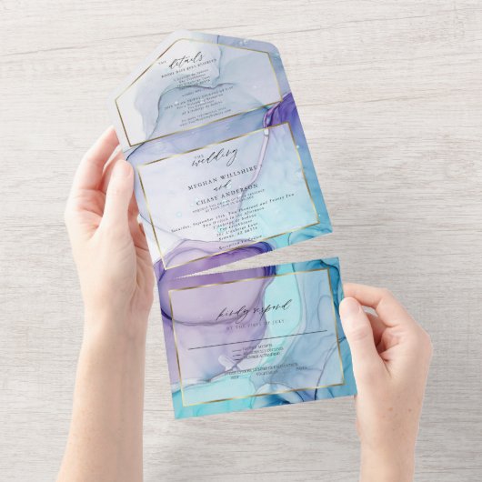 見事なバイオレットアクアアブストラクトインク オールインワン招待状 (貼ってはがせる)