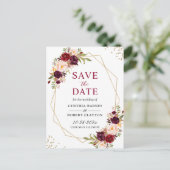 見事なバーガンディ フラワー ジオメトリック セーブ・ザ・デート ポストカード (スタンド正面)