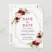 見事なバーガンディ フラワー ジオメトリック セーブ・ザ・デート ポストカード (正面/裏面)