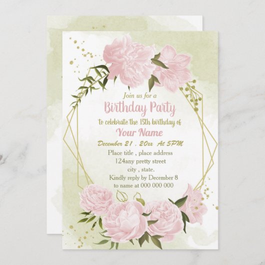 見事なピンクの花幾何学誕生日パーティー 招待状 (正面/裏面)
