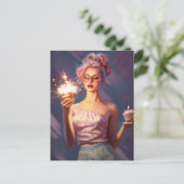 見事なピンクの髪の女性がカップケーキを持っている ポストカード (スタンド正面)