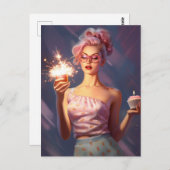 見事なピンクの髪の女性がカップケーキを持っている ポストカード (正面/裏面)