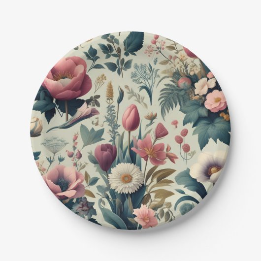 見事な春の花と植物のボタニカルパターンを発見 ペーパープレート (正面)