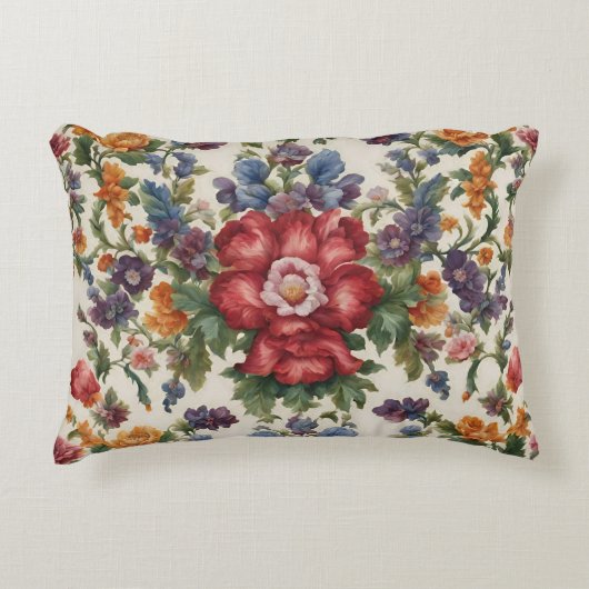 見事な洗練された赤い花と繊細な花 アクセントクッション (正面)