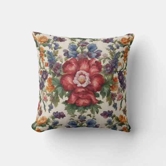 見事な洗練された赤い花と繊細な花 クッション (正面)