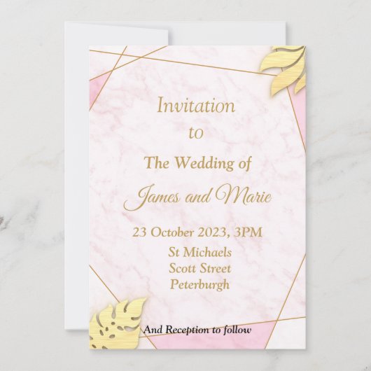見事な結婚式の招待状、ピンクの大理石模様 招待状 (正面)