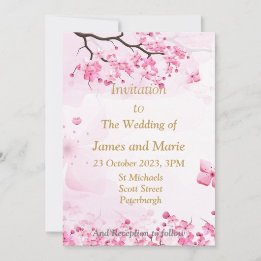 見事な結婚式招待状、ピンクの花 招待状 (正面)