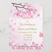見事な結婚式招待状、ピンクの花 招待状 (正面/裏面)