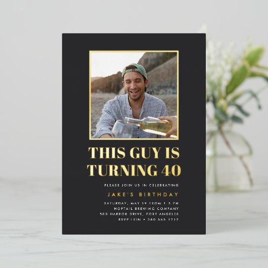 見出し40th誕生日パーティー写真 箔招待状 (立ち正面)