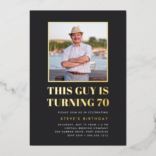 見出し70th誕生日パーティーの写真 箔招待状 (正面)