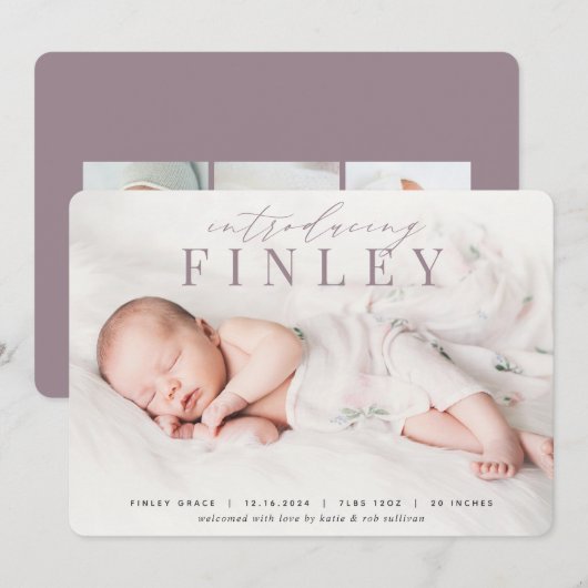 見出エレガントし |写真の誕生のお知らせ 案内状 (正面/裏面)