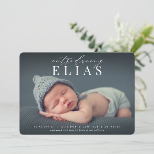 見出エレガントし |写真の誕生のお知らせ 案内状 (スタンド正面)