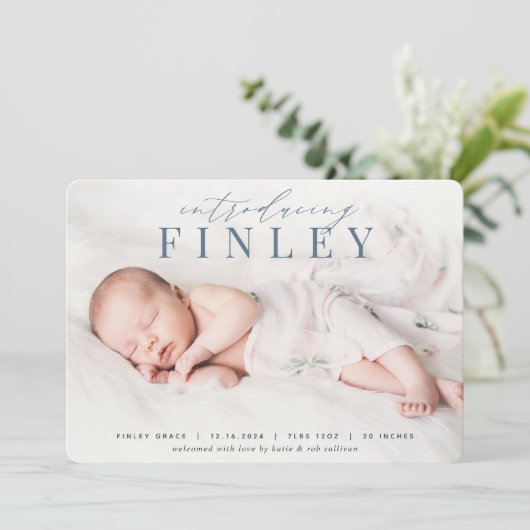 見出エレガントし |写真の誕生のお知らせ 案内状 (スタンド正面)