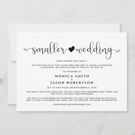 規模縮小のウェディング 計画変更 ハート 案内状 (正面)