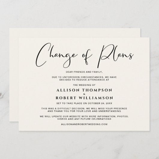 規模縮小 ウェディング プランの変更 エレガントなクリーム 案内状 (正面/裏面)