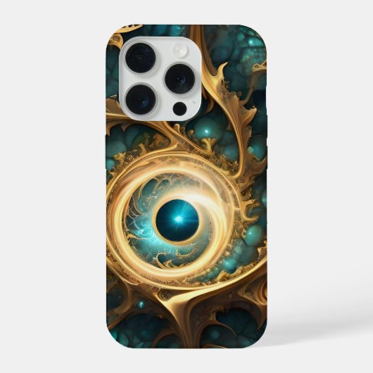 視覚の感覚 ターコイズブルーとゴールドのフラクタル抽象芸術 iPhoneケース (裏面)