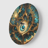 視覚ティール（緑がかった色）と金ゴールドフラクタル抽象芸術アート ラージ壁時計 (傾斜)