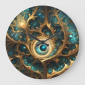 視覚ティール（緑がかった色）と金ゴールドフラクタル抽象芸術アート ラージ壁時計 (正面)