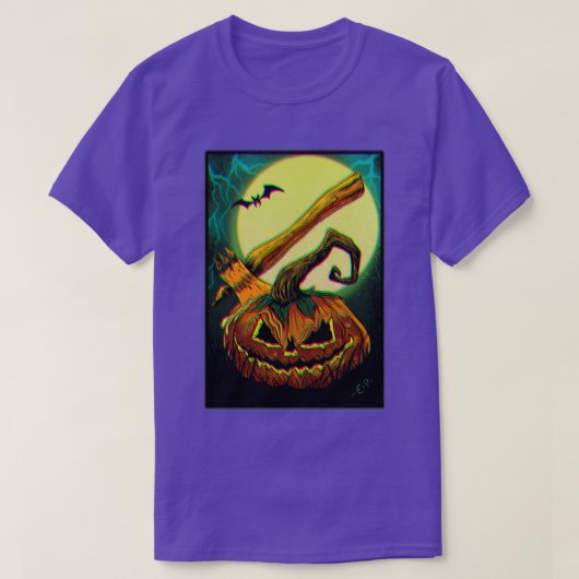 視覚的なグリッチ効果を持つハロウィーンのカボチャ Tシャツ (デザイン正面)