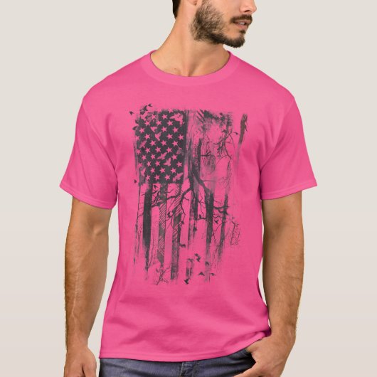 視覚的錯覚 アメリカ国旗と鬱蒼とした森 Tシャツ (正面)