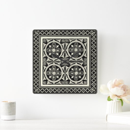 視野のスタジオによる白黒曼荼羅のモチーフ スクエア壁時計 (ホーム)