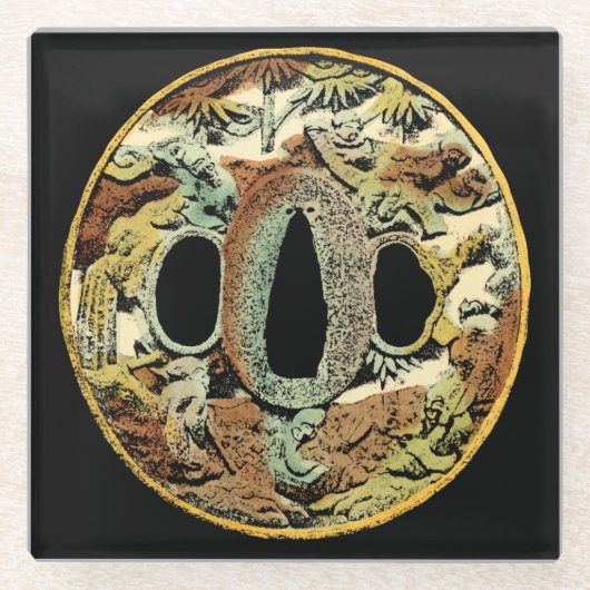 視野のスタジオによる金めっきされたアジア円形浮彫り ガラスコースター (正面)