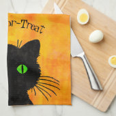 覗き見る黒猫オレンジトリック・オアトリート キッチンタオル (四つ折り)