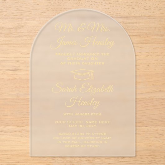 親からのエレガント金ゴールド卒業発表 アクリル招待状 (正面)