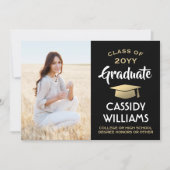 親からフォトブラック、ホワイト、金ゴールド卒業 案内状 (正面)