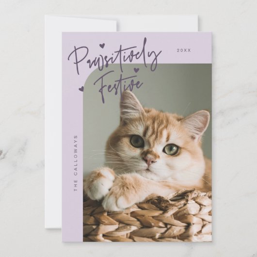 親しみやすいフェスティバル猫フォトパープルクリスマス シーズンカード (正面)