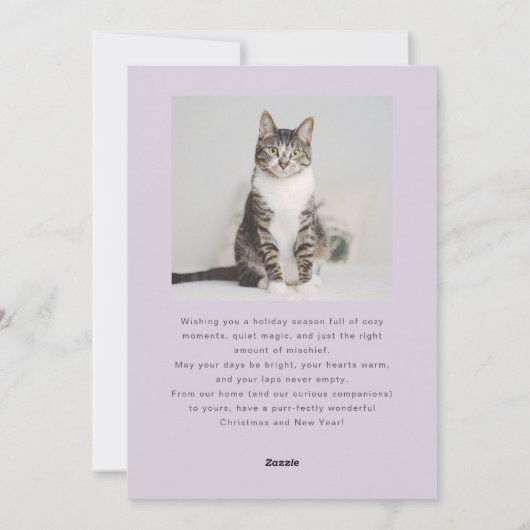 親しみやすいフェスティバル猫フォトパープルクリスマス シーズンカード (裏面)