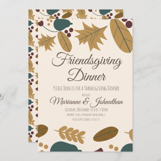親しみやすい緑の葉の感謝祭 招待状 (正面/裏面)