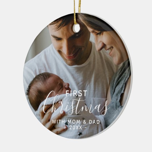 親と生まれたばかりのの写真初めてのクリスマス セラミックオーナメント (左)