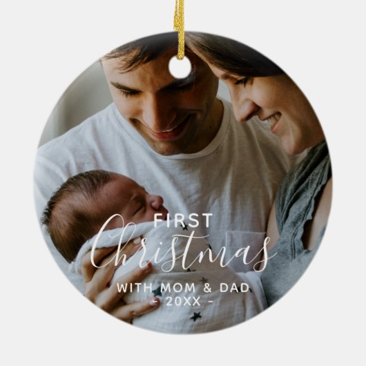 親と生まれたばかりのの写真初めてのクリスマス セラミックオーナメント (裏面)