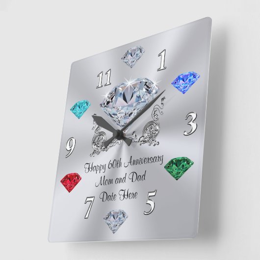 親のための誕生石ダイヤモンド記念日時計 スクエア壁時計 (傾斜)