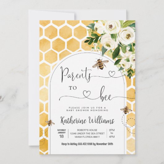 親へ蜂蜜ビーテーマ赤ちゃんシャワー 招待状 (正面)