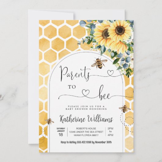 親へ蜂蜜ビーテーマ赤ちゃんシャワー 招待状 (正面)