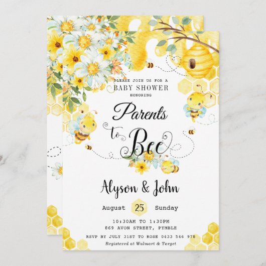 親ビーイエローフローラベビーシャワーニュートラル 招待状 (正面/裏面)