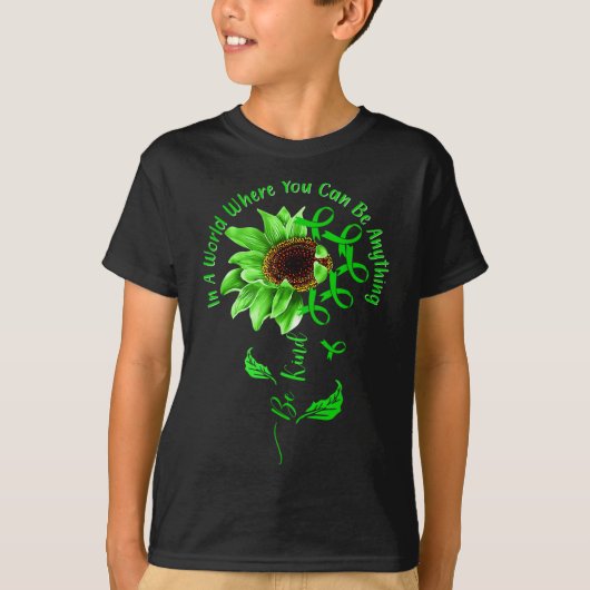 親切な緑のリボンヒマワリ精神的な健康意識 Tシャツ (正面)