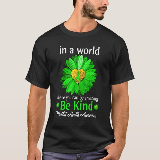 親切な緑のリボンヒマワリ精神的な健康意識 Tシャツ (正面)