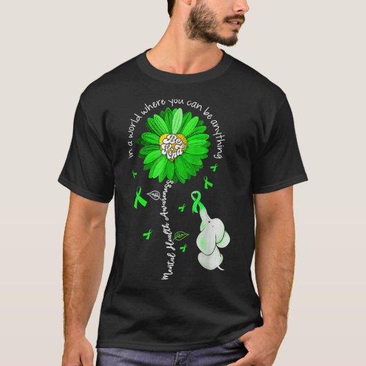 親切な緑のリボンヒマワリ精神的な健康意識 Tシャツ (正面)