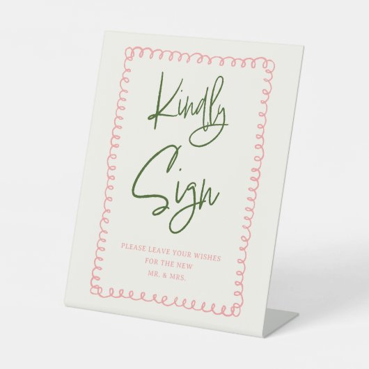 親切にピンクと緑のヴィンテージの結婚式のサイン 台座サイン (正面)