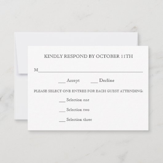 親切に応答する結婚式RSVP 3メニューの選択肢の返信 出欠カード (正面)