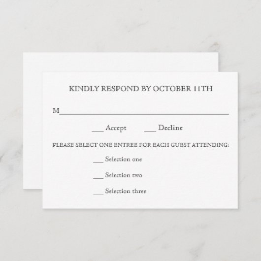 親切に応答する結婚式RSVP 3メニューの選択肢の返信 出欠カード (正面/裏面)