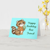 親友のカエルが付いているオレンジベストのベビーのアライグマ カード (黄色い花)