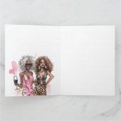 親友の黒髪カーリーガールたち レオパード柄のピンクのドレス カード (内部)